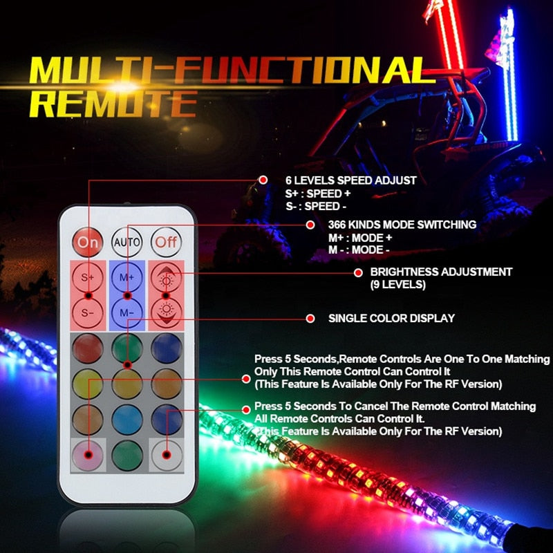12V Spiral LED Whip 2/3/4/5FT Antenna with Flag 375 LED Flagpole Lamp with Remote Control for ATV UTV