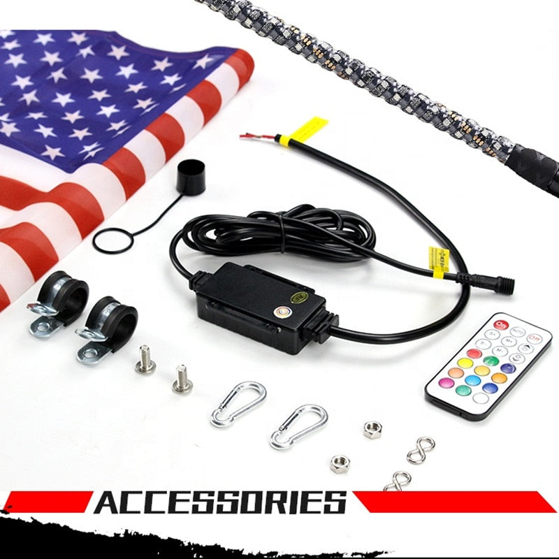 12V Spiral LED Whip 2/3/4/5FT Antenna with Flag 375 LED Flagpole Lamp with Remote Control for ATV UTV
