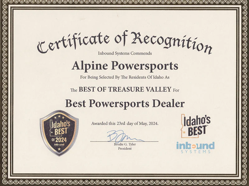 Best Powersports Dealer Certificate of Recognition